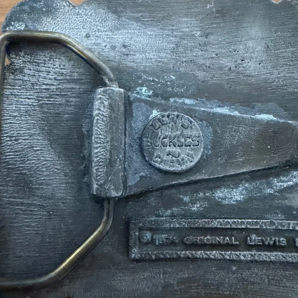 Vintage 1974 Lewis Buckles Original Design Cherub Stag Pewter Tone Belt Buckle